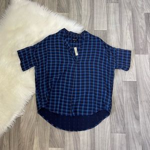 NWT Madewell popover short sleeve navy blue plaid shirt blouse